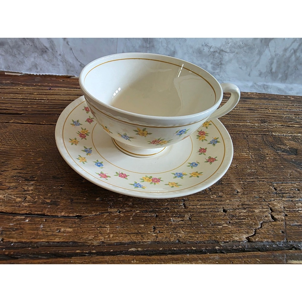 Homer Laughlin Eggshell Georgian Tea Cup and Saucer Set Floral Gold Trim B43N5